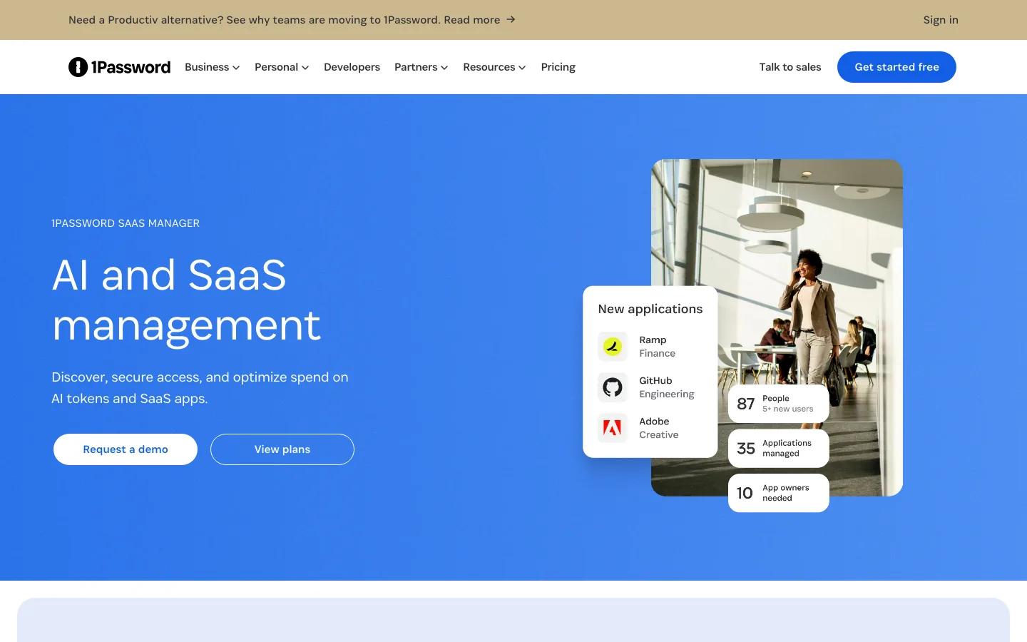 1password saas manager product page headed ai and saas management