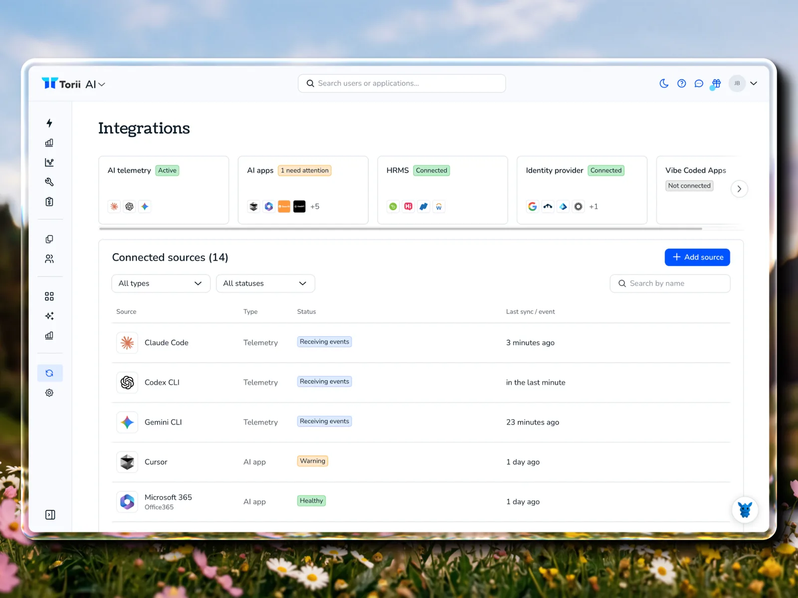 Torii AI Integrations page listing connected sources such as Claude Code, Codex CLI, Gemini CLI, Cursor, and Microsoft 365, with the status and last sync time for each