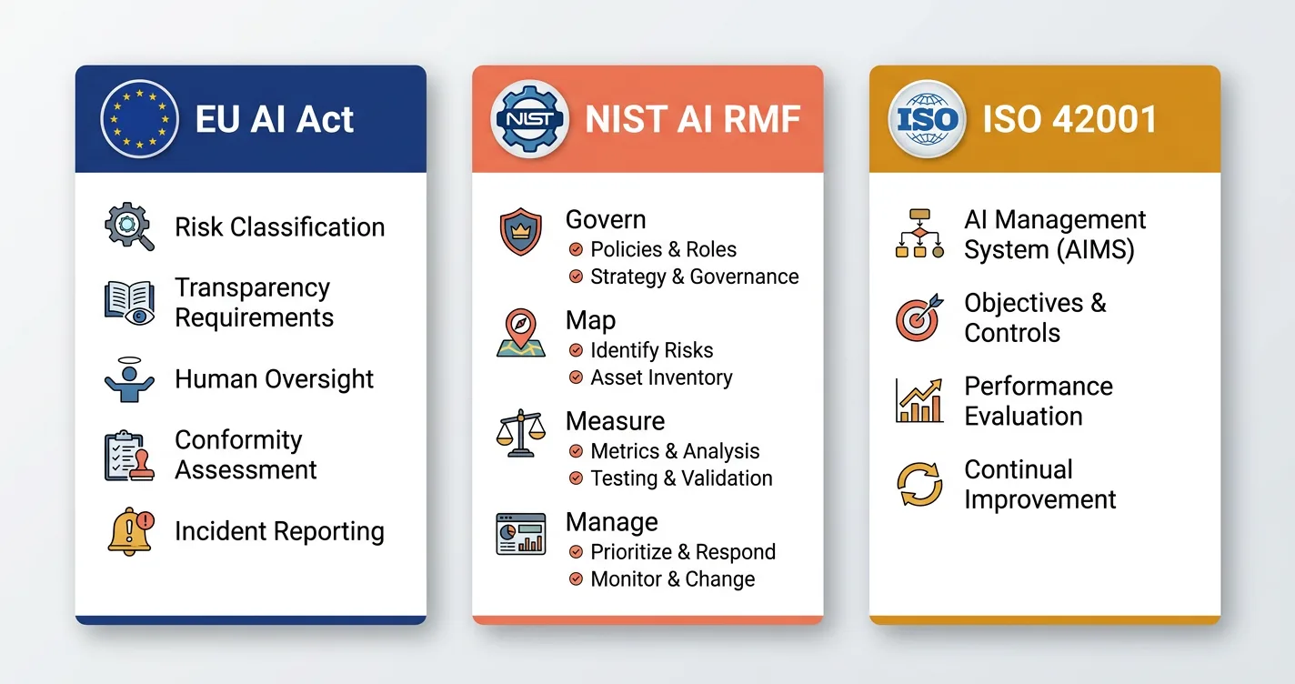 side-by-side summary of eu ai act, nist ai rmf, and iso 42001 framework artifacts