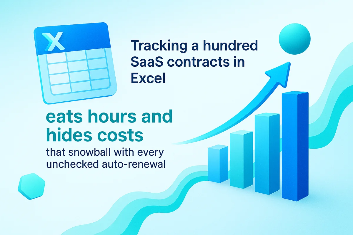 illustration of a saas management platform dashboard displaying contract data, renewals, and budget tracking features.