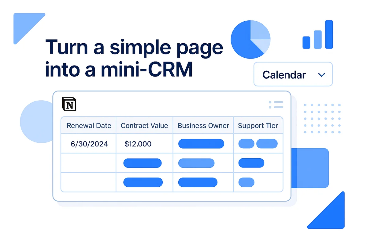notion interface displaying a vendor tracker database with calendar, table, and gallery views for managing saas contracts.