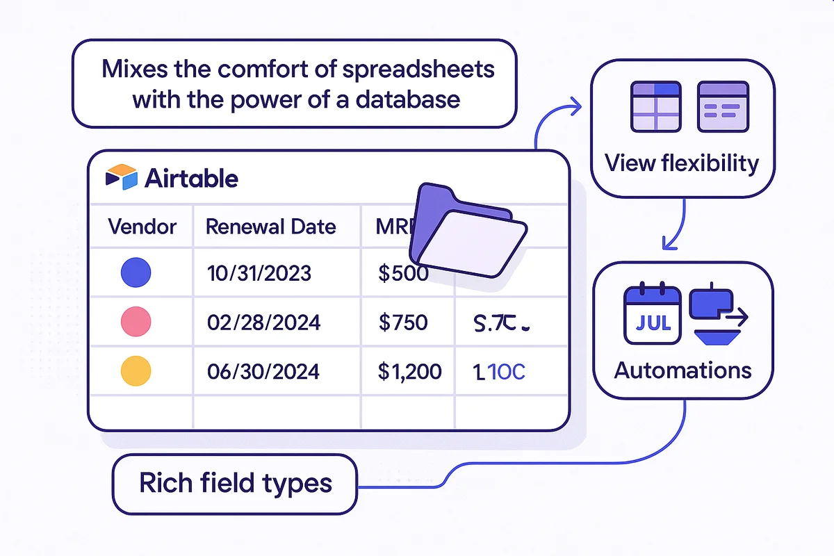 airtable interface displaying a grid view of vendor contracts, renewal dates, and a kanban board for tracking status.
