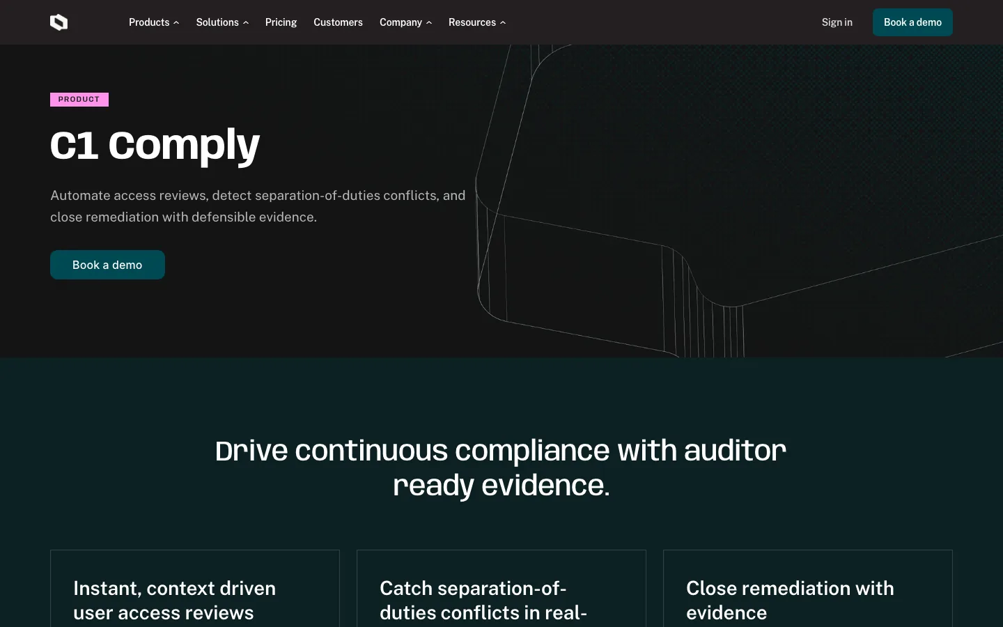 c1 comply product page for access reviews, separation of duties checks, and remediation evidence