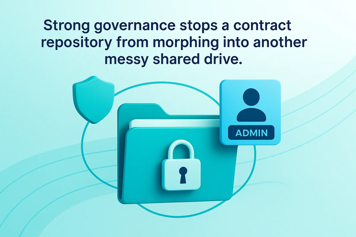 visual representation of secure contract management, showcasing role-based permissions and governance in a digital repository system.