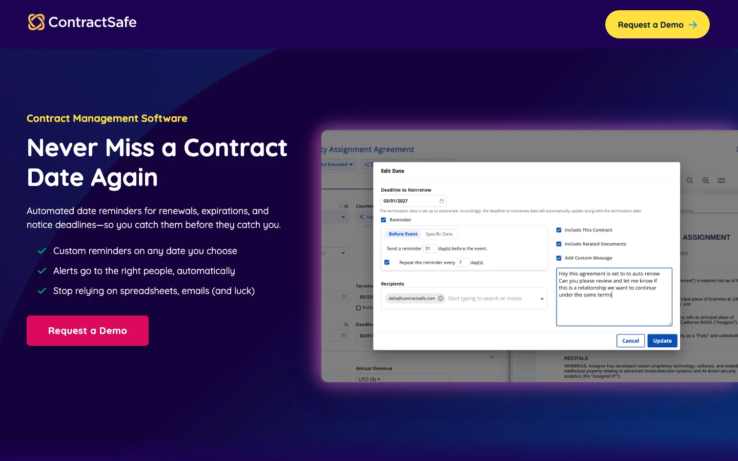 contractsafe contract date reminders page