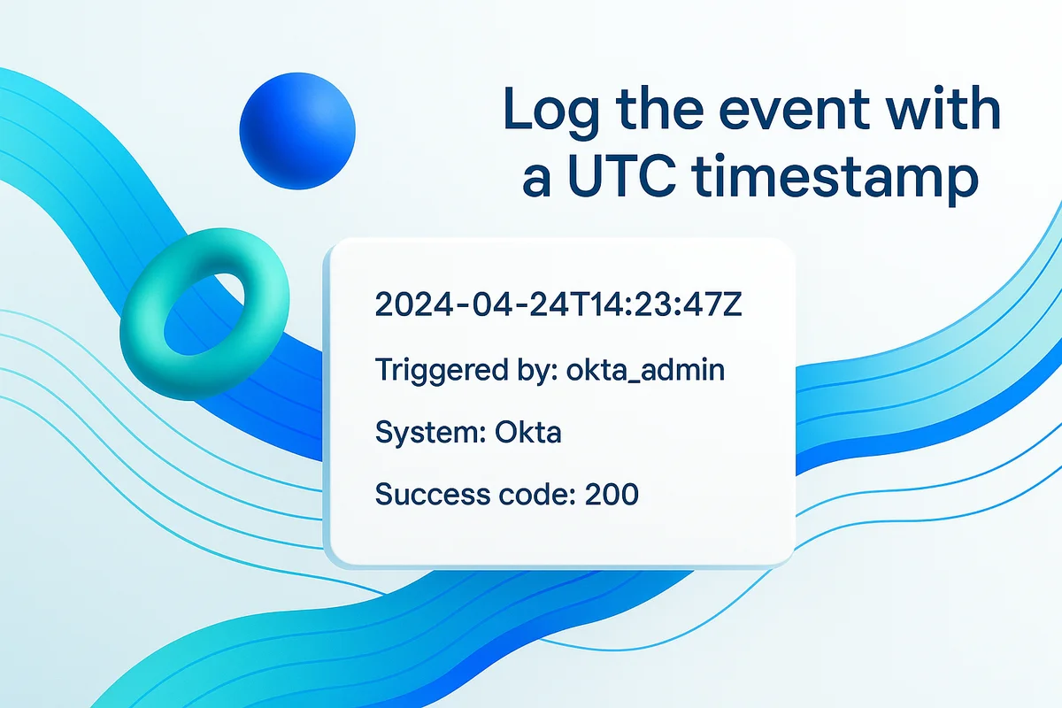 a graphic illustrating the process of logging offboarding actions with timestamps and relevant details for accountability.