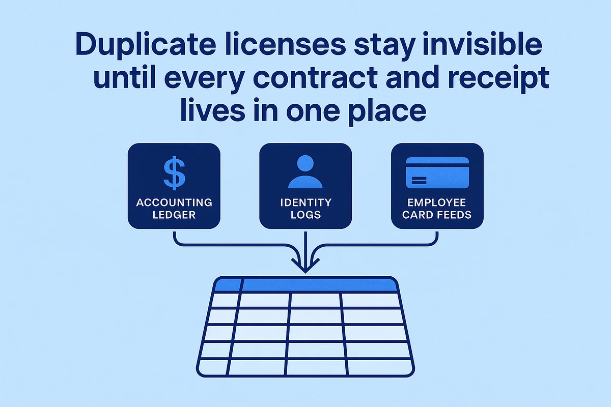 a unified master list consolidating financial, it, and procurement data to eliminate duplicate app licenses.