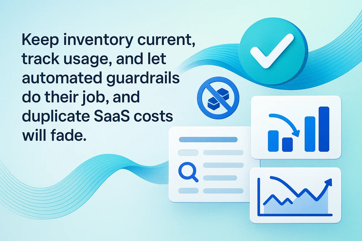 a team collaborates to consolidate saas subscriptions, showcasing automated tracking and management of software inventory.