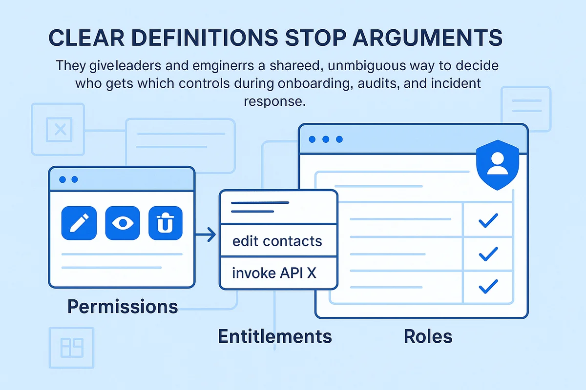 illustration depicting the relationship between permissions, entitlements, and roles within access control systems.