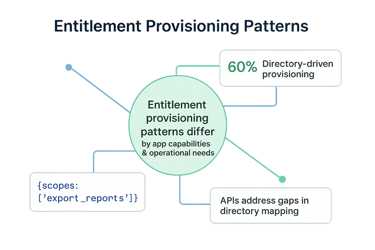 diagram illustrating entitlement provisioning patterns across saas apps, highlighting integration points and role-to-entitlement rules.
