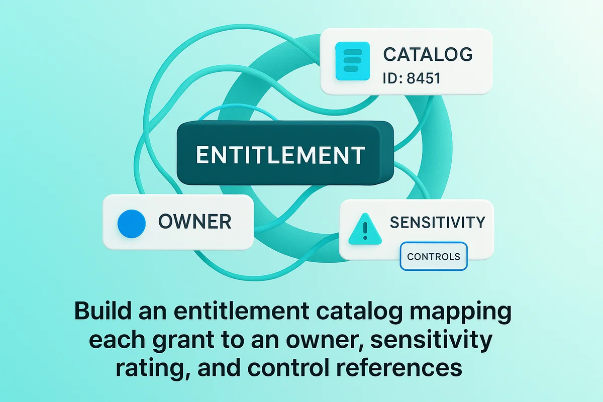 illustration of a saas access governance framework highlighting entitlements, catalog entries, business owners, and risk tags.