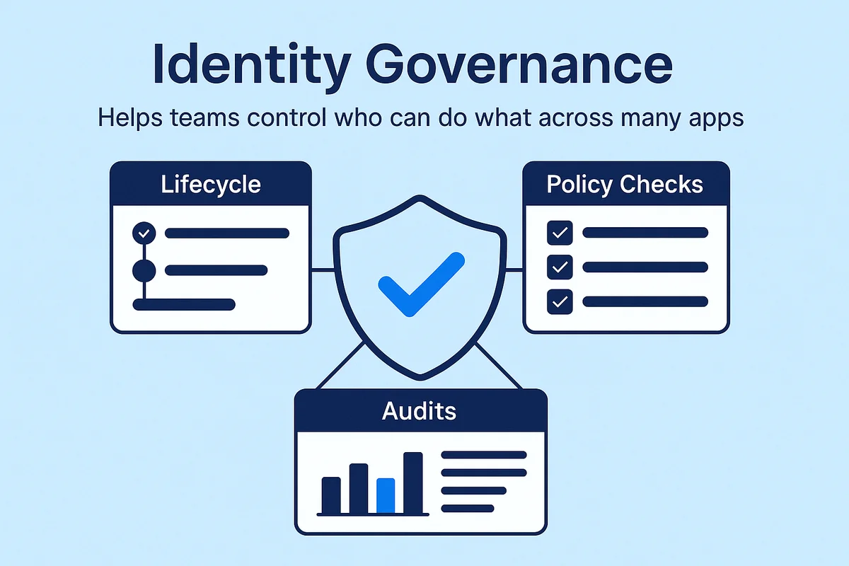 illustration depicting identity governance, showcasing user privileges, policy checks, and audit trails for effective access management.