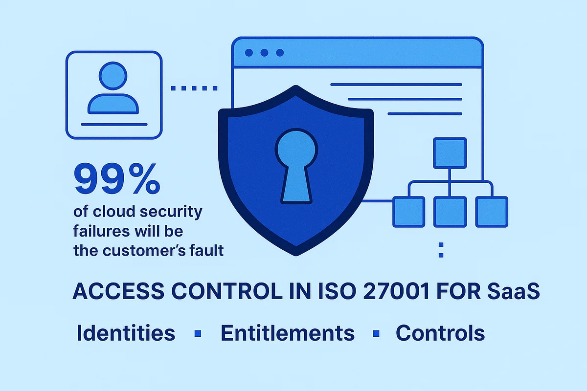 illustration depicting iso 27001 access control elements for saas, emphasizing identity management and data security.