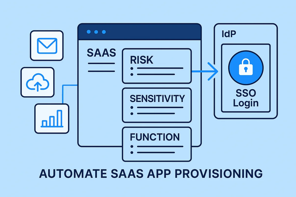 illustration of saas risk management, showcasing app inventory, classification, and integration with corporate identity providers.