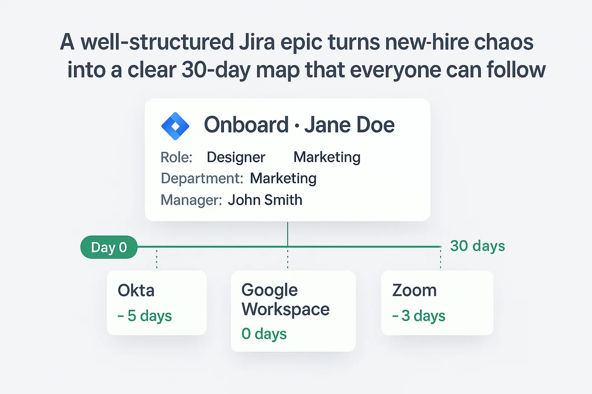 a visual representation of a 30-day jira onboarding workflow designed for new employees like jane doe.