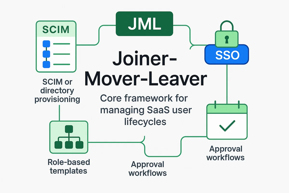 illustration depicting the joiner-mover-leaver framework for managing saas user lifecycles and organizational identity control.
