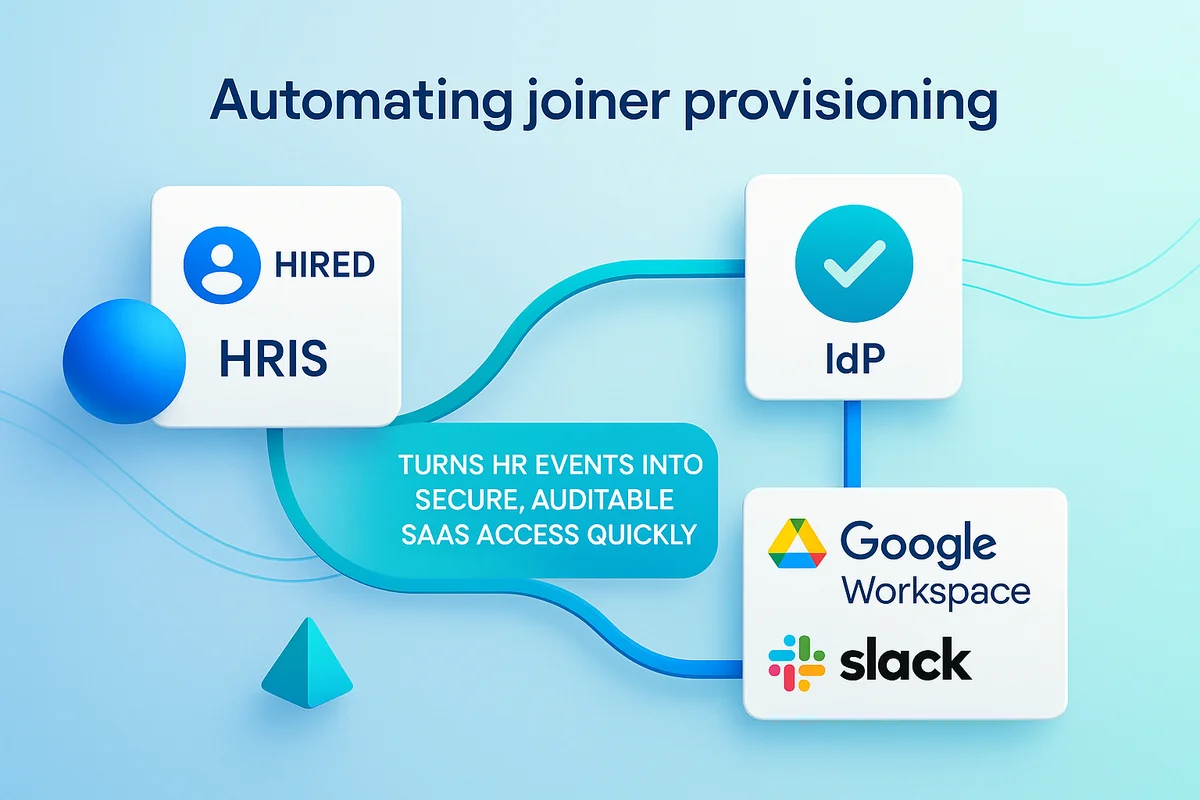 diagram illustrating automated provisioning process from hr updates to identity provider account creation for new hires.