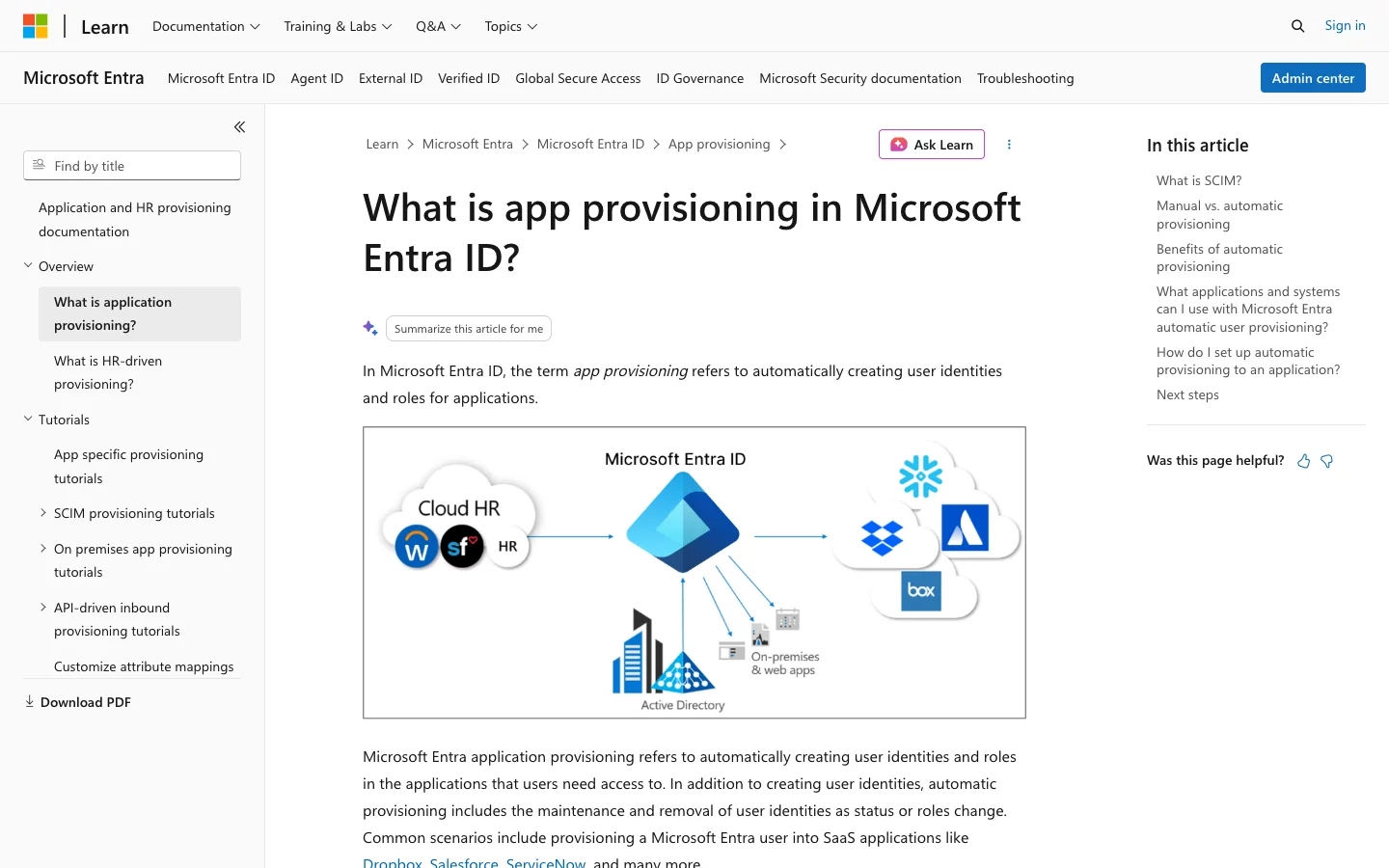 microsoft learn page on app provisioning in microsoft entra id, with a cloud hr to entra id diagram