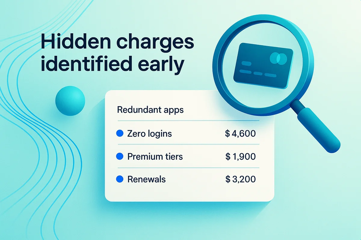 saas management platform interface displaying a health report highlighting potential savings and app redundancies.