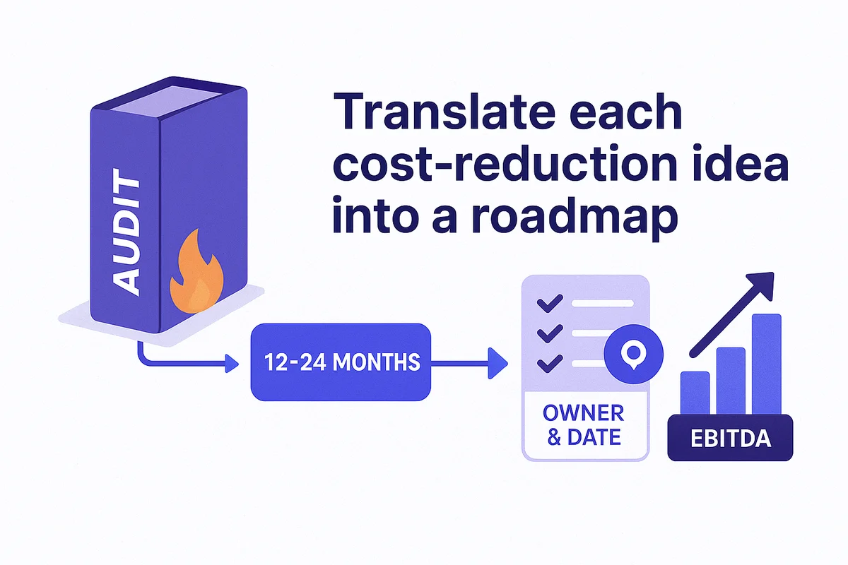 a visual representation of a roadmap outlining cost-reduction strategies with assigned owners and timelines for continuous optimization.