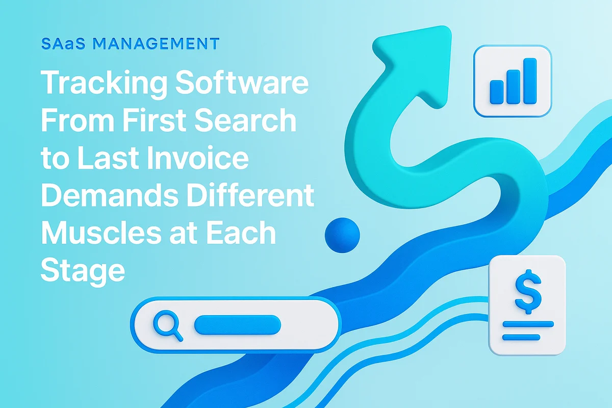 illustration depicting procurement tools managing software lifecycle from acquisition to invoicing, emphasizing efficiency and organized processes.