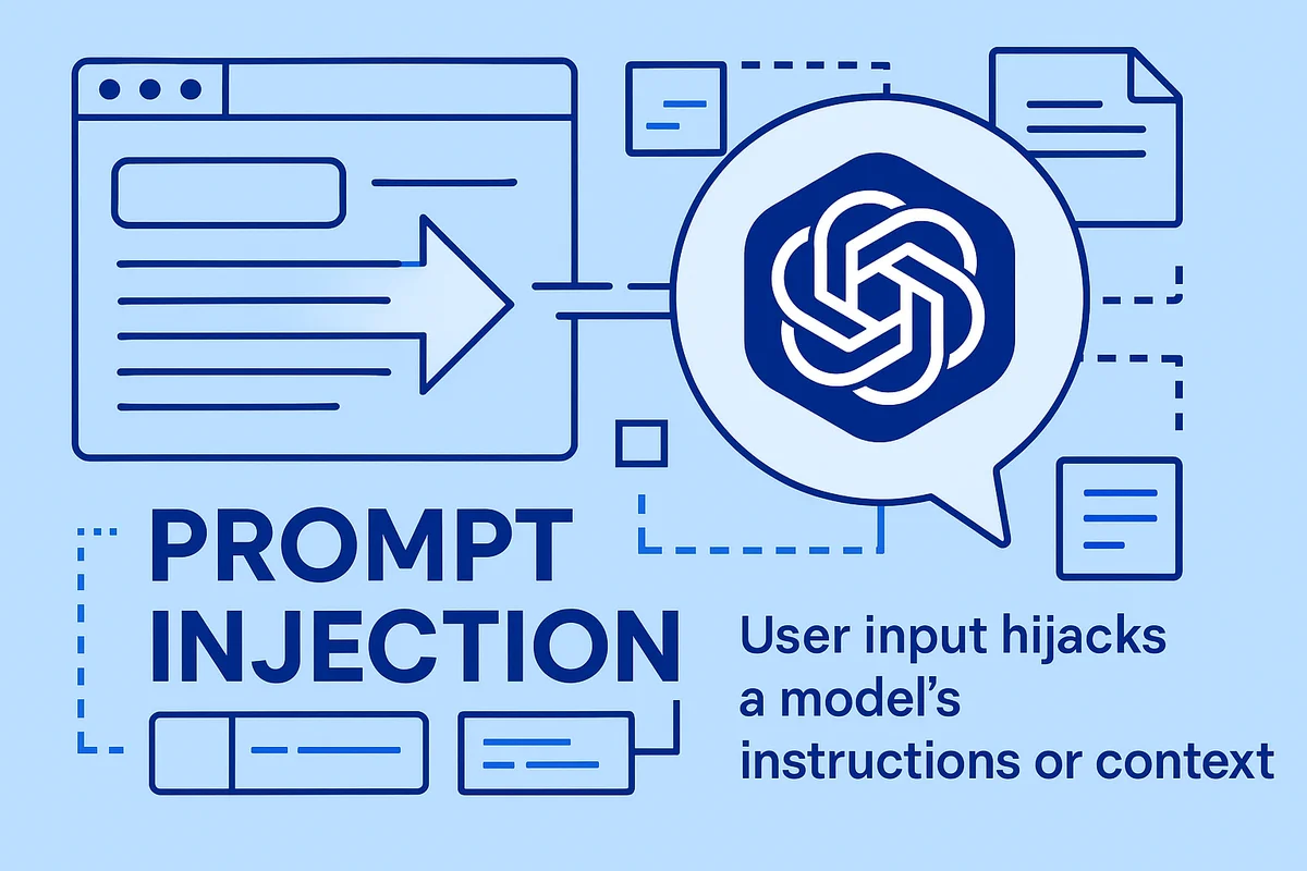 diagram illustrating prompt injection, highlighting how user input can manipulate a model’s instructions for unauthorized outputs.