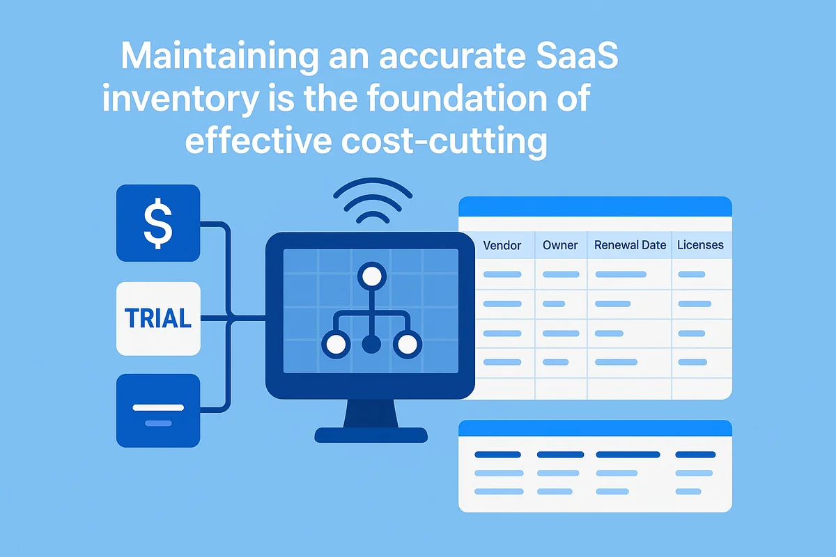 a person auditing a saas inventory on a computer screen, tracking applications and user accounts for cost management.