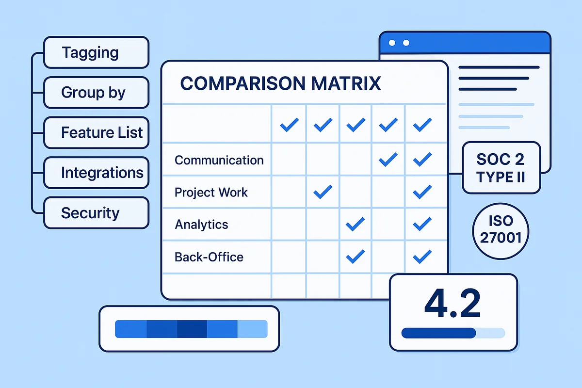 comparison matrix displaying categorized software tools for different functional groups like communication, analytics, and project work.