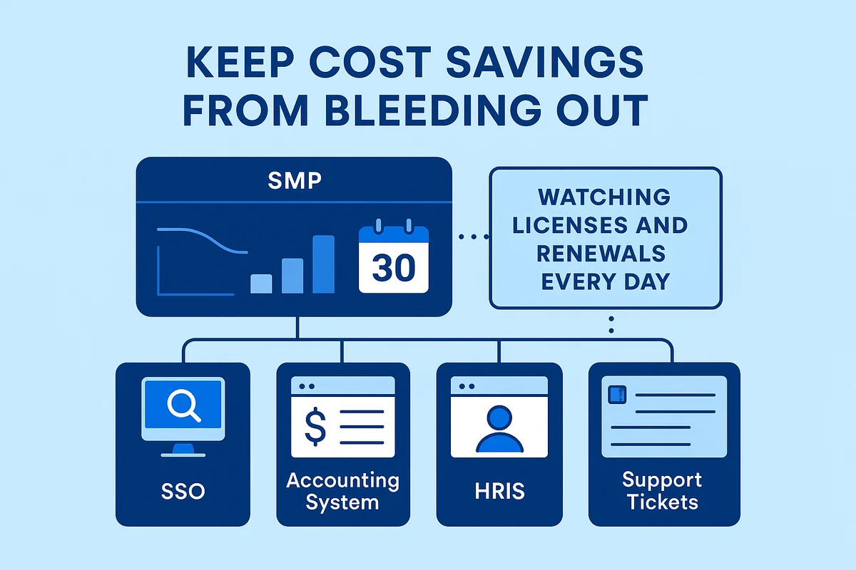 saas management platform dashboard showcasing license tracking and cost savings metrics for effective governance.