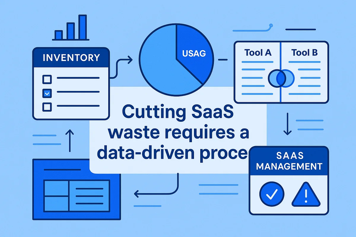 a visual representation of saas management techniques for reducing waste through data analysis and stakeholder collaboration.