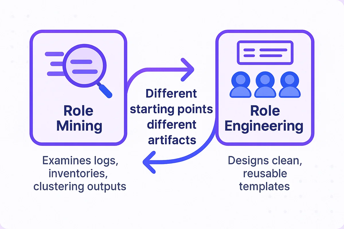 visual comparison of role mining and role engineering, illustrating their distinct approaches to managing access issues.