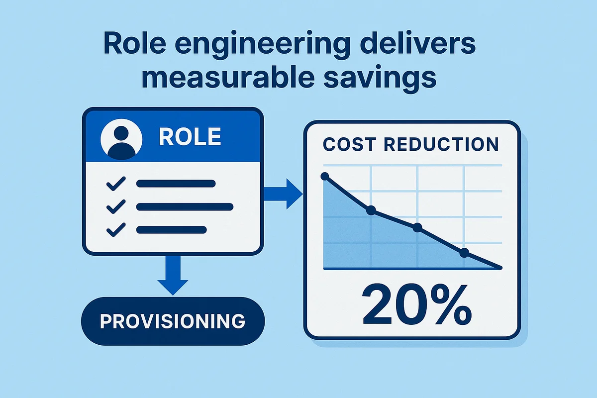 illustration of role engineering's benefits in provisioning, compliance, and cost control through defined roles and entitlement mappings.