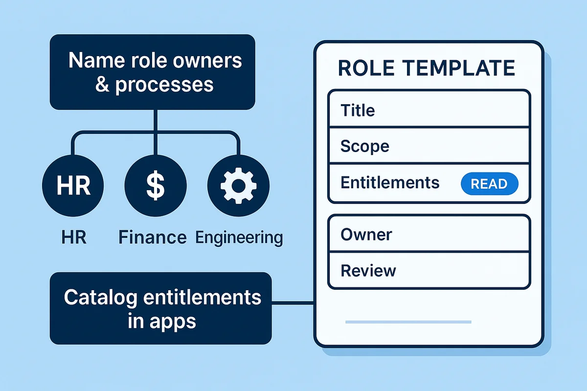 illustration of role ownership mapping and entitlement cataloging process across hr, finance, and engineering departments.