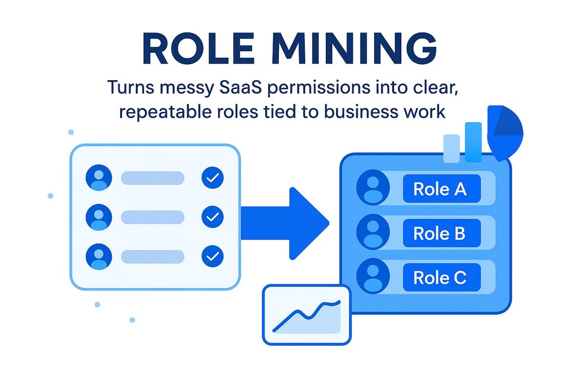 diagram illustrating role mining process, analyzing saas permissions to create practical, data-driven user roles.