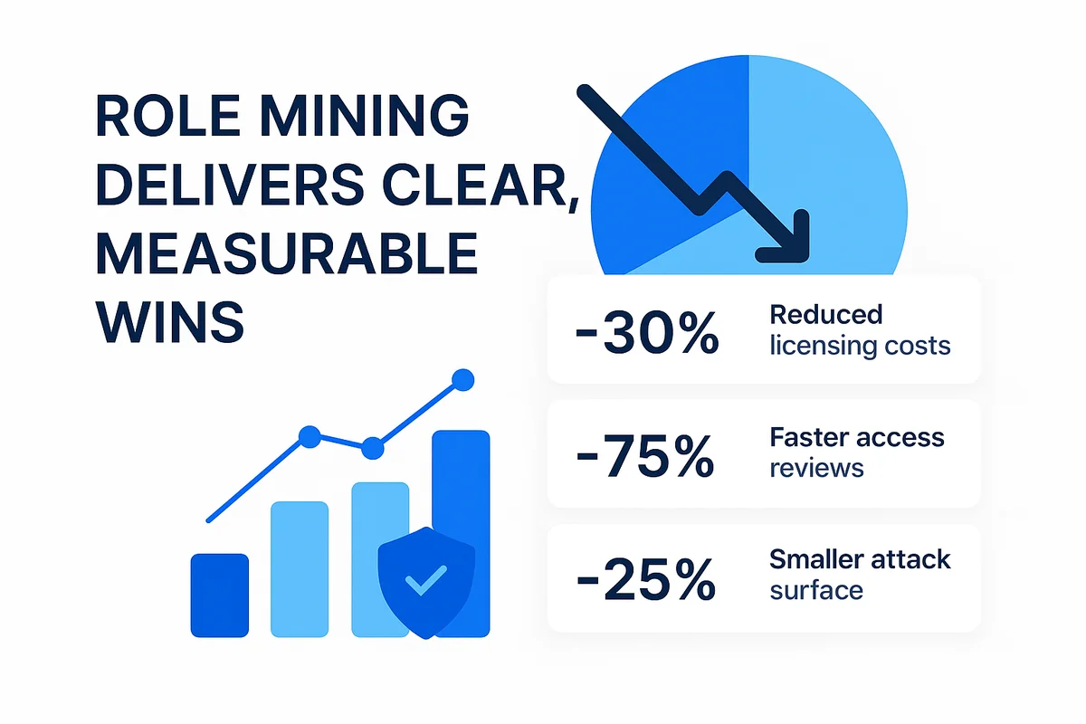 illustration depicting operational benefits of role mining, highlighting cost reduction, streamlined processes, and enhanced security.
