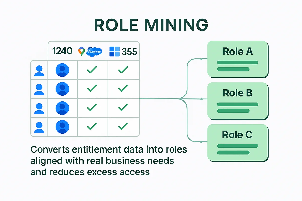 visual representation of role mining process for managing user permissions across various saas applications.