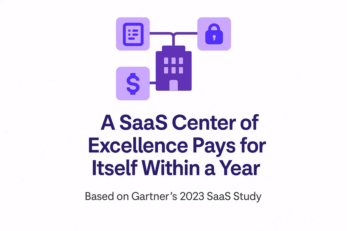 illustration depicting a centralized saas center of excellence managing multiple applications for streamlined coordination and policy control.