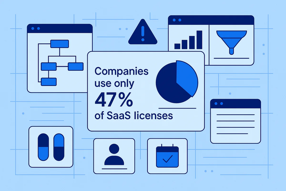 illustration depicting blurred ownership in saas management, highlighting inefficient license usage and duplicate tool challenges.