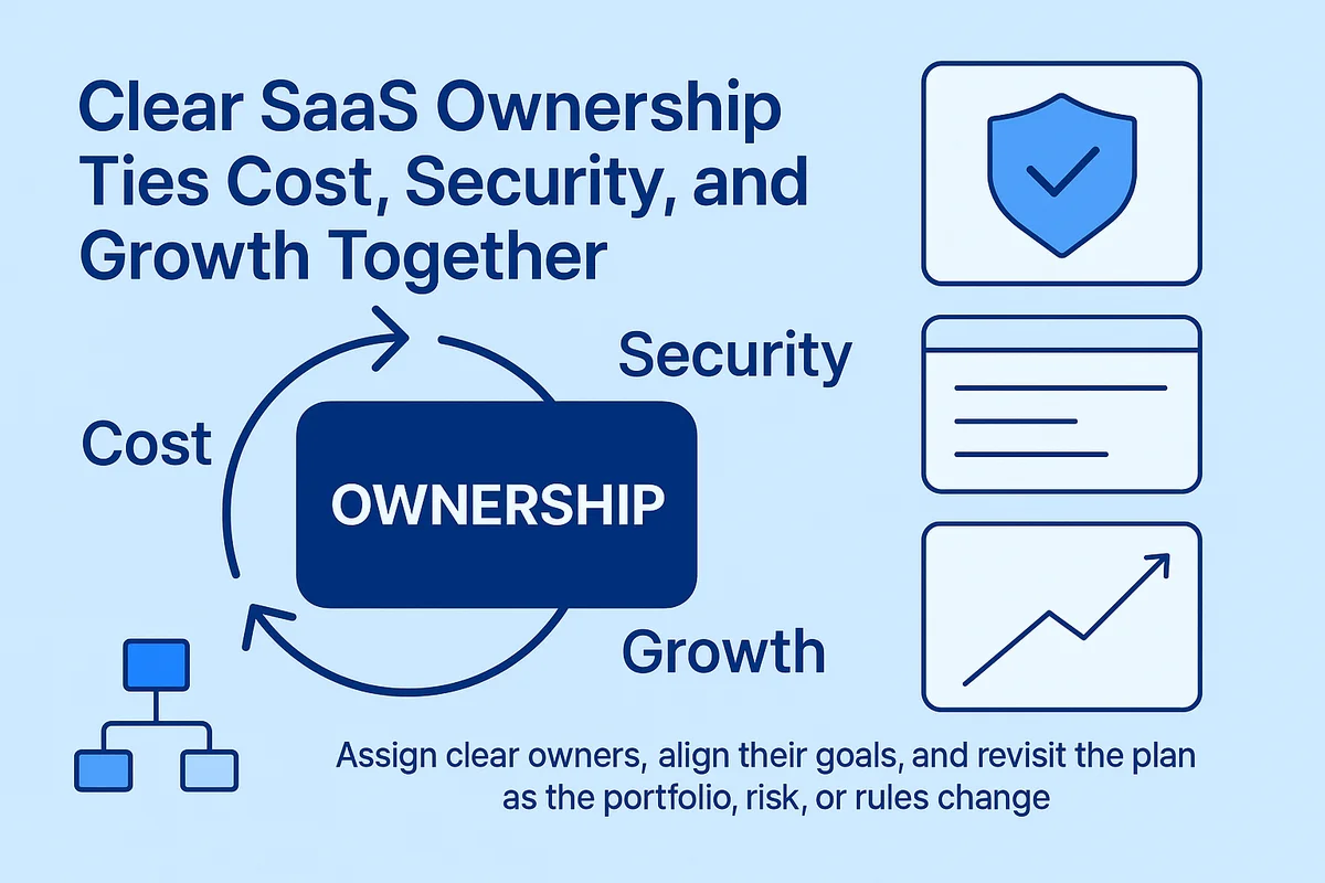 visual diagram illustrating the relationship between saas ownership, cost, security, and growth across team collaborations.