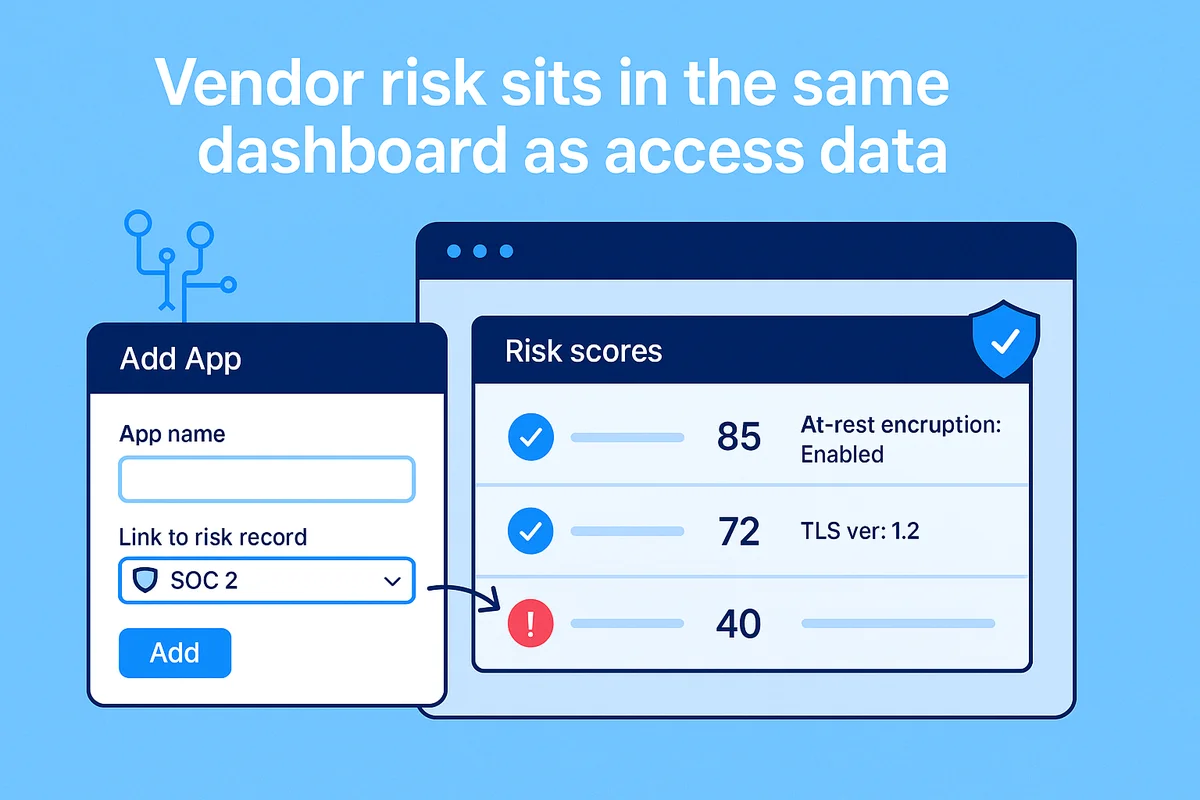 dashboard displaying vendor risk management tools, with links to security documents and contract management features.