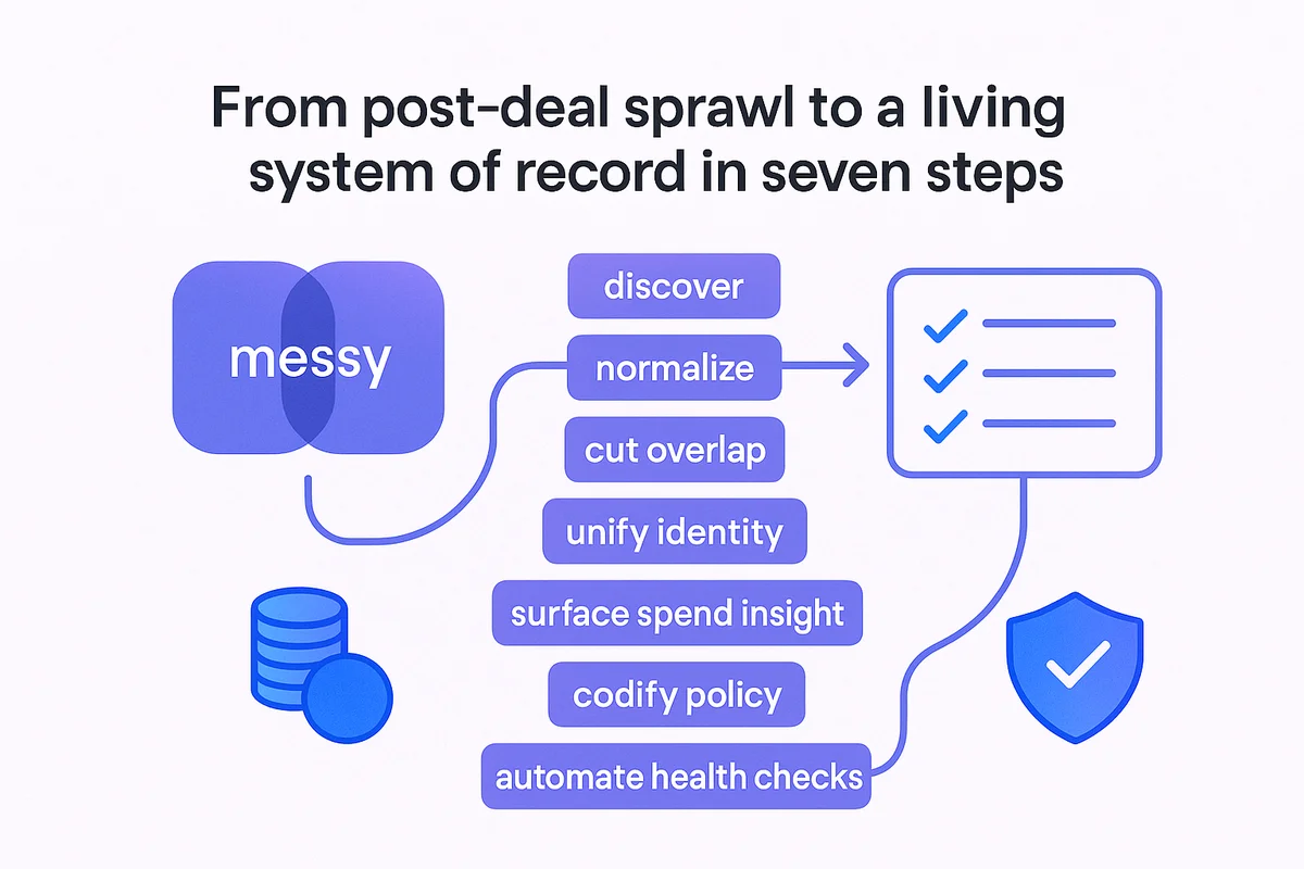 a visual representation of an organizational playbook outlining seven steps for effective saas portfolio integration post-acquisition.