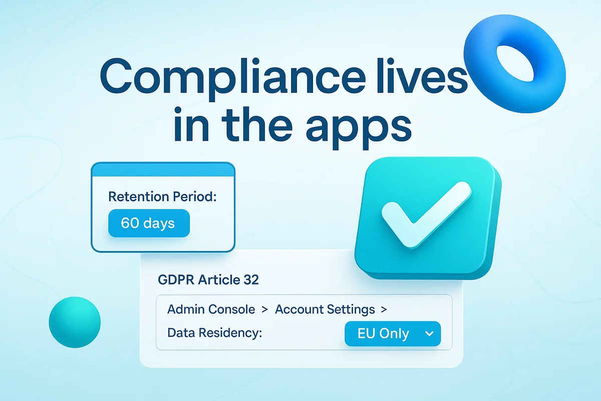 illustration of compliance integration into daily workflows with checkboxes representing audit points and software functionalities.