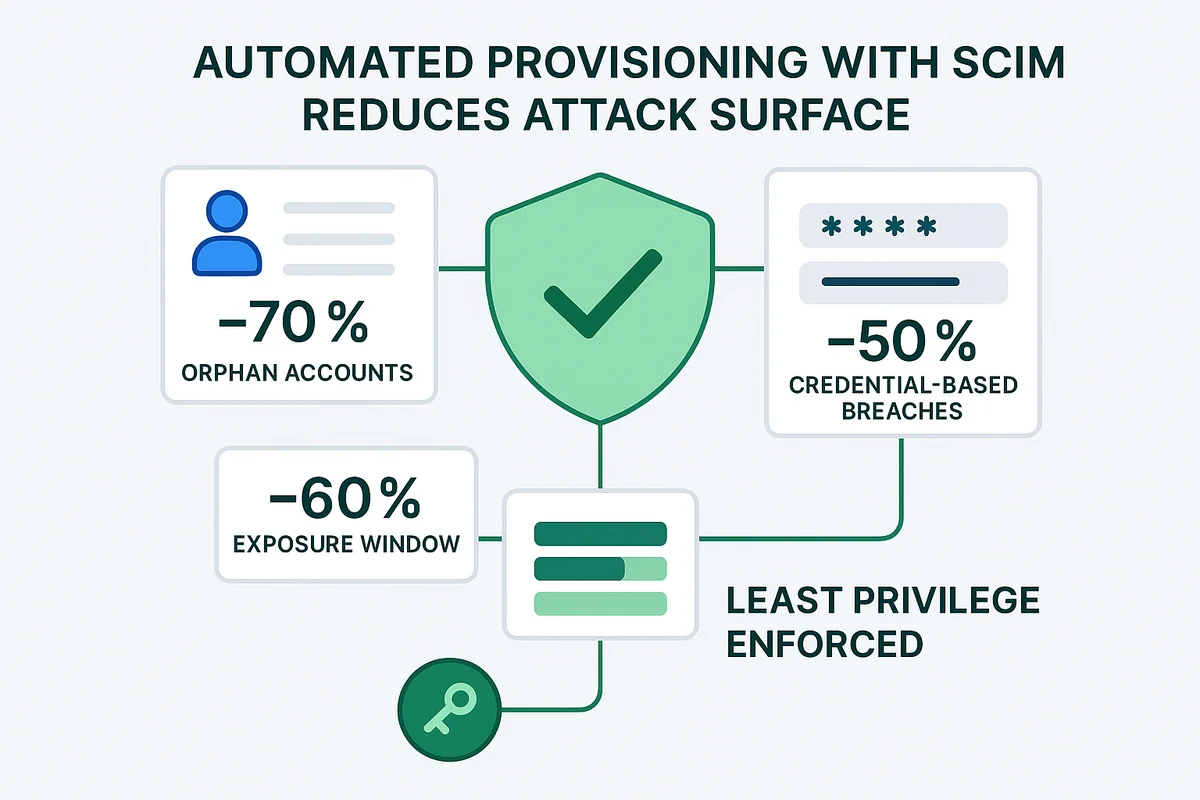 diagram illustrating scim automated provisioning benefits, highlighting real-time access revocation and reduced credential exposure.