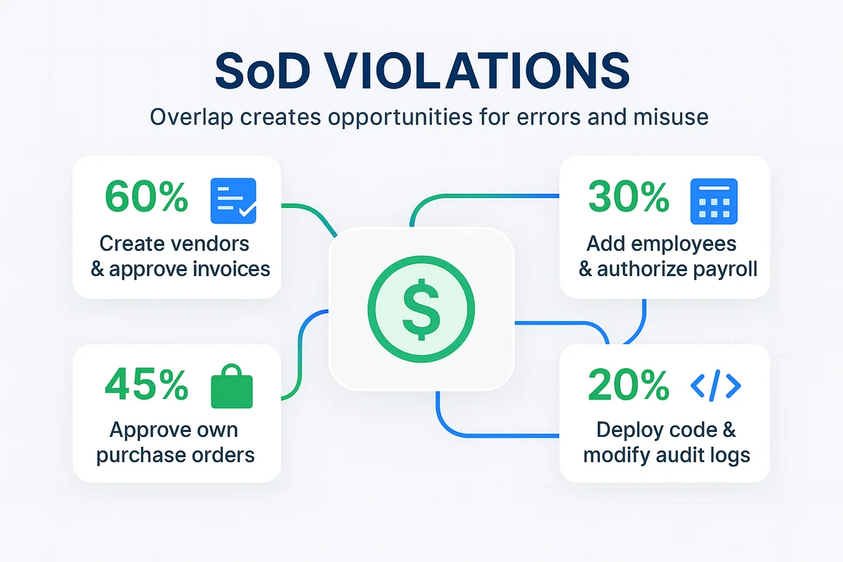 illustration highlighting common segregation of duties violations involving overlapping user access to financial processes.