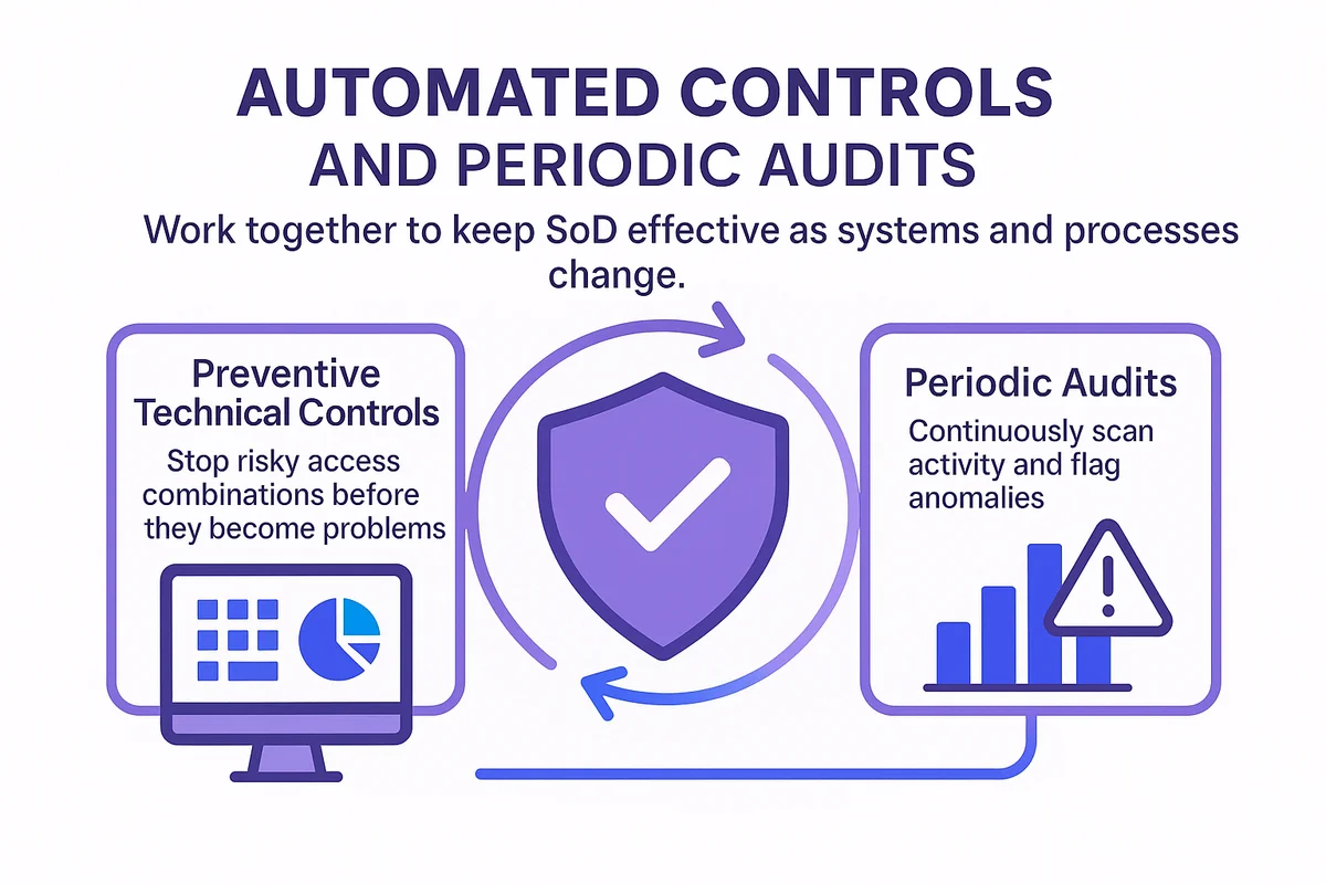 illustration of automated controls and audits ensuring segregation of duties in erp systems to mitigate risks.