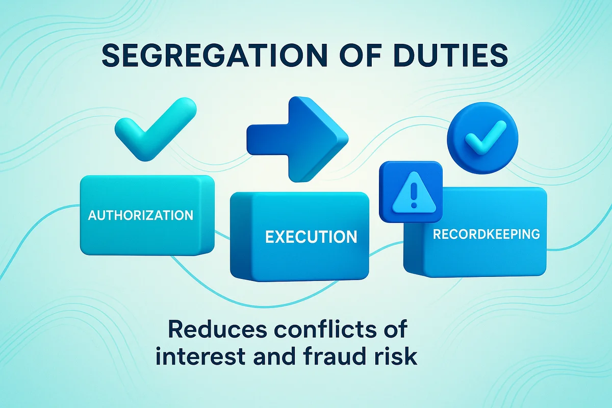 illustration of segregation of duties concept, emphasizing checkpoints, fraud reduction, and the importance of audit trails in it compliance.