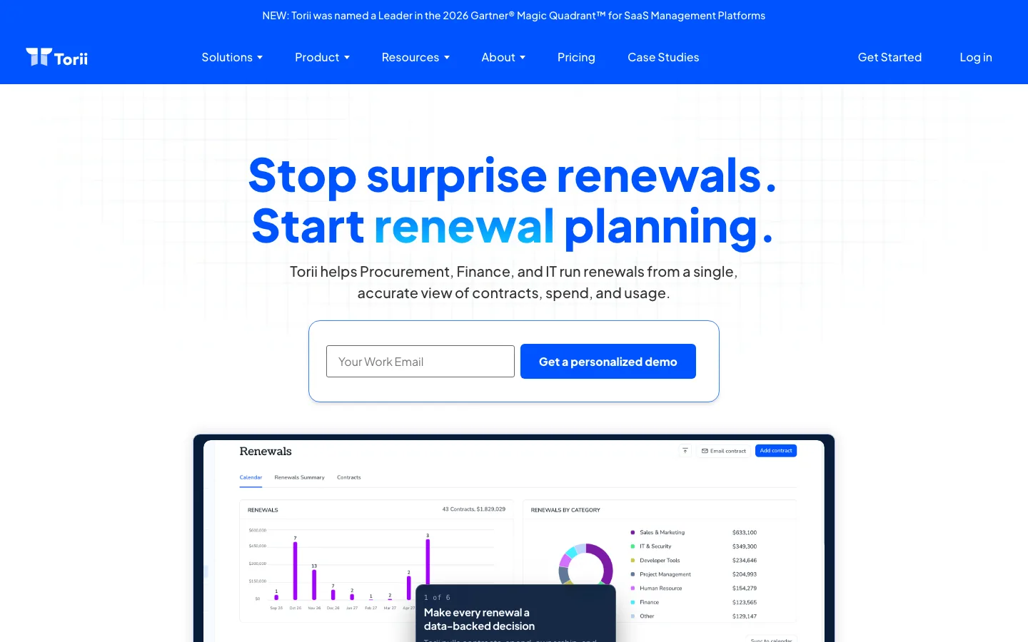 torii contract and renewal management page headed stop surprise renewals, start renewal planning