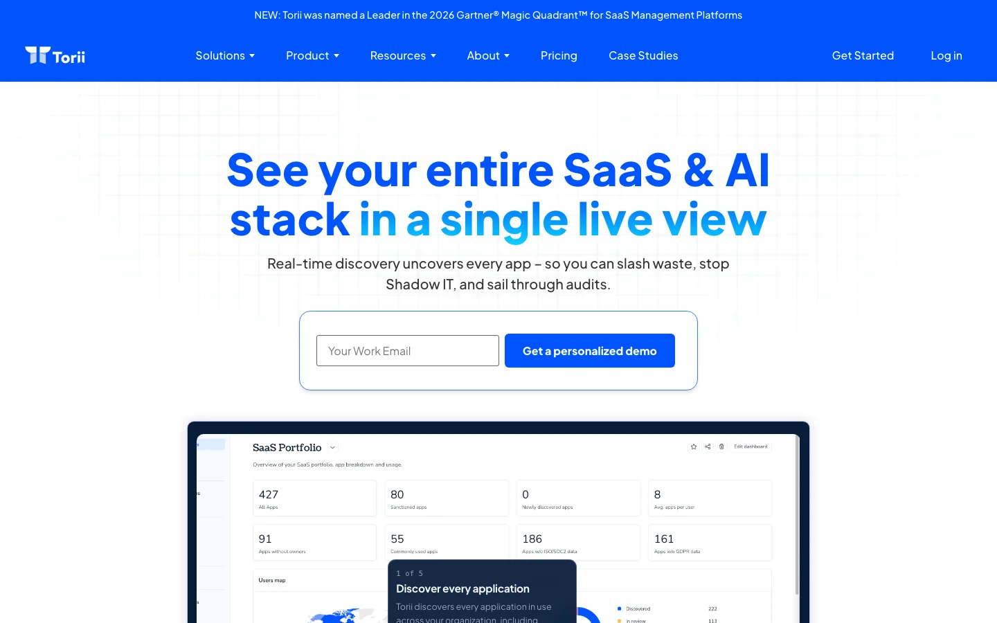 Torii homepage with the SaaS Portfolio dashboard, showing tiles for all apps, sanctioned apps, and apps without owners