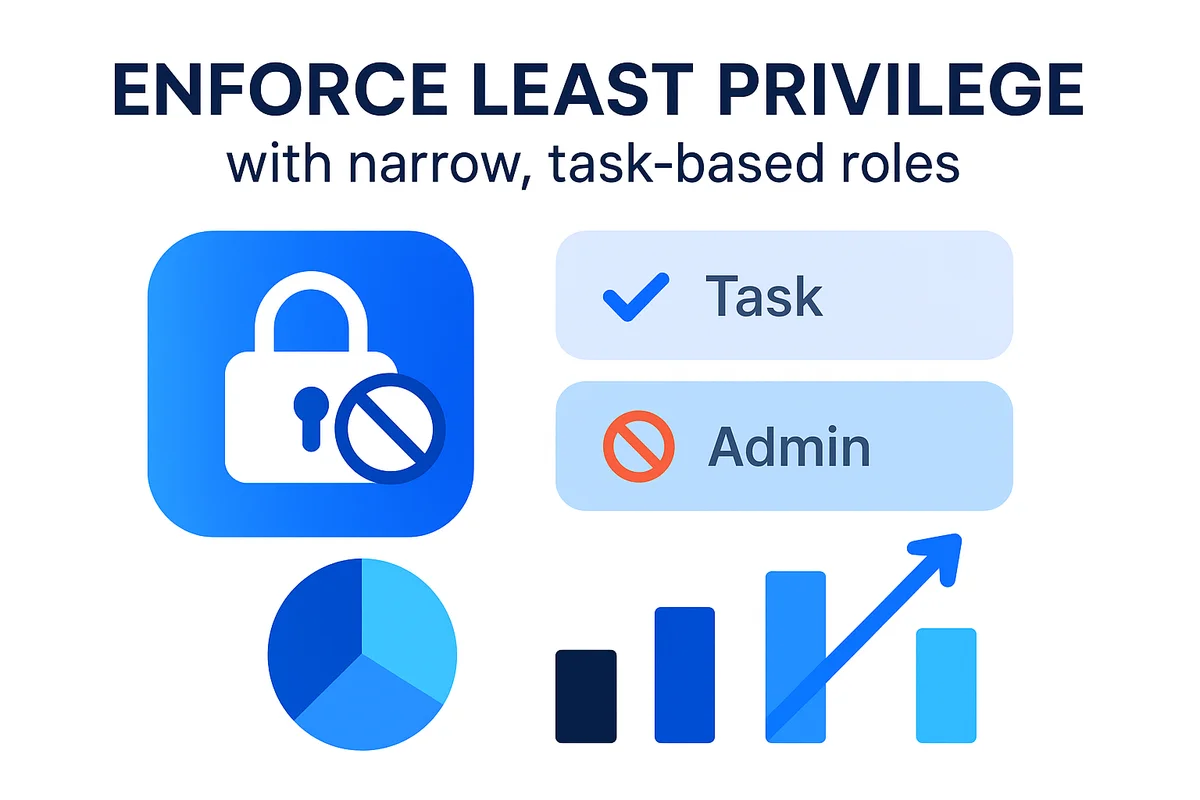 illustration depicting secure access controls, emphasizing least privilege, task-based roles, and automated approval processes.