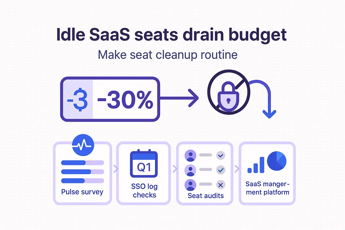 infographic illustrating strategies for managing idle saas seats to reduce costs and enhance security.